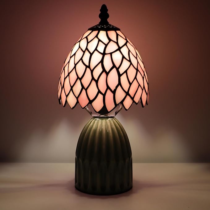Tiffany Lamp Stained Glass Mushroom Table Lamps 6X6X12.5 Inch Pink Leaf Style Small Night Light Ceramic Base Mini Accent Desk Light Suitable for Bedside Table Bedroom Children Room