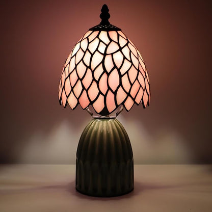 Tiffany Lamp Stained Glass Mushroom Table Lamps 6X6X12.5 Inch Pink Leaf Style Small Night Light Ceramic Base Mini Accent Desk Light Suitable for Bedside Table Bedroom Children Room