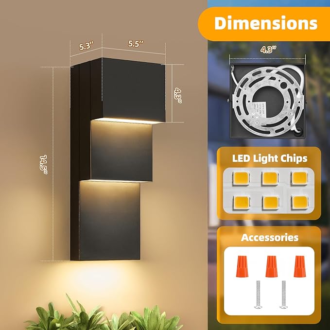 tewei Modern LED Outdoor Wall Sconce 30W Exterior Lighting Fixtures, Black Outside Lights for House Integrated LED Outdoor Wall Mount Lights for Front Porch Garage, Warm White 3000K, 2 Pack