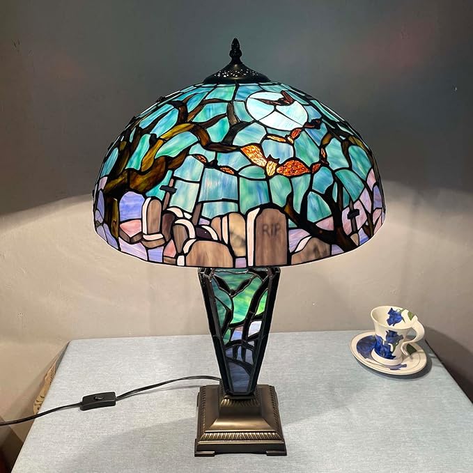 Bieye L13005 Tiffany-Style Stained Glass Table Lamp - Gothic Graveyard Night Scene with Bats, and Coffin-Shaped Base (Dark Green, 16Wx26H inch)