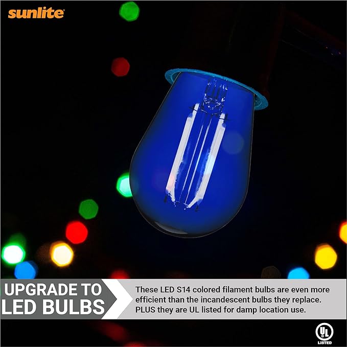 Sunlite LED S14 String Light Bulb, 2 Watts (25W Equivalent), Medium E26 Base, Party Decoration, Holiday Lighting, Transparent, Dimmable, UL Listed, Blue, 6 Count