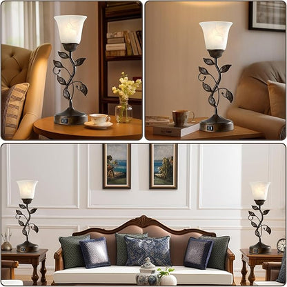 RORIANO Touch Bedside Table Lamp, Vintage Nightstand Lamp with 2 USB Ports for Living Room, 3 Way Dimmable Leaf Lamp Retro Table Lamp for Bedroom with White Glass Shade, LED Bulb Included