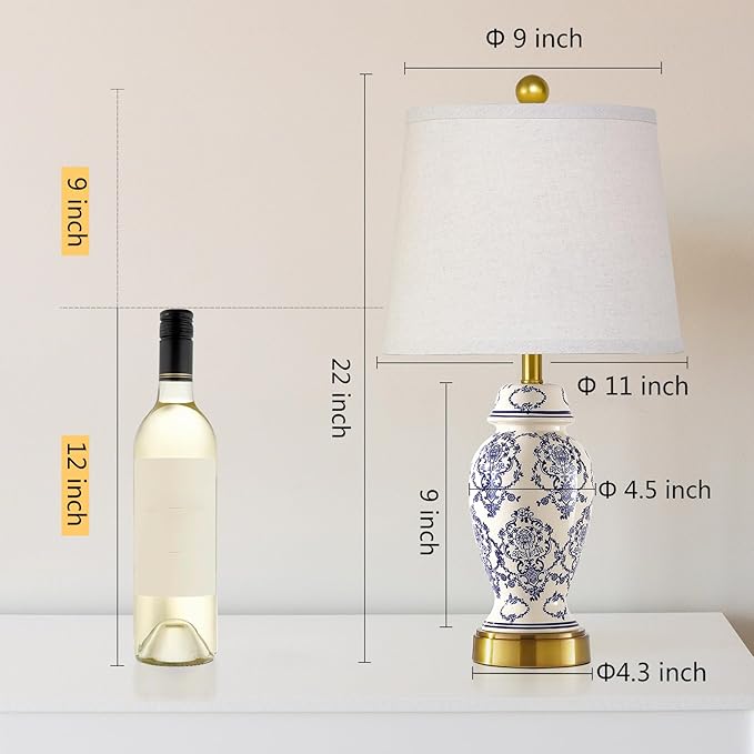 RORIANO Chinoiserie Ceramic Table Lamps Set of 2 for Living Room Bedroom Bedside, Traditional Blue Porcelain Classic Table Lamp for Nightstand Entryway, 2 LED Bulbs Included