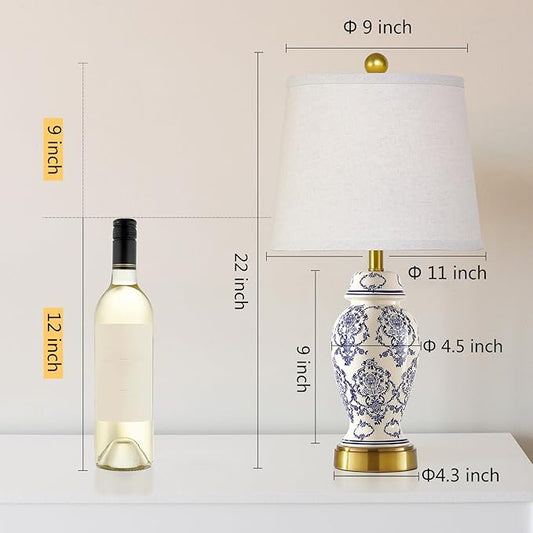RORIANO Chinoiserie Ceramic Table Lamps Set of 2 for Living Room Bedroom Bedside, Traditional Blue Porcelain Classic Table Lamp for Nightstand Entryway, 2 LED Bulbs Included