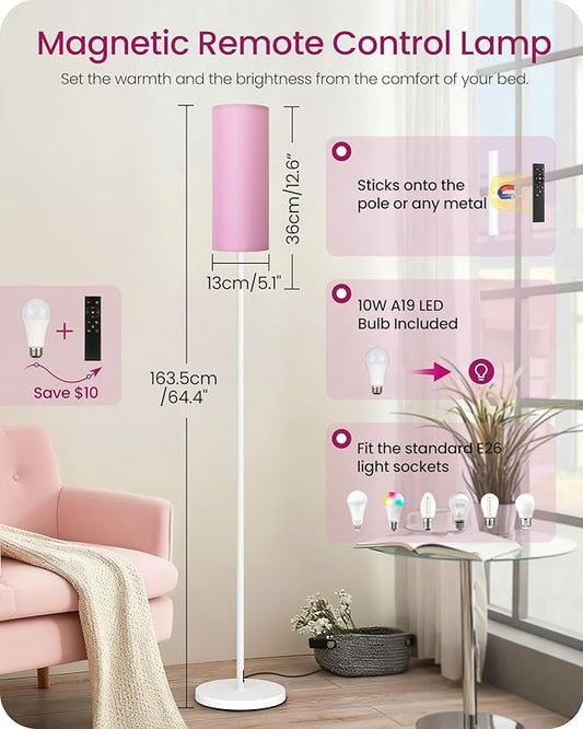Dimmable Floor Lamps for Living Room with Remote and Foot Switch, 64.4” Modern Standing Tall Lamp, Corner Lamp for Bedroom, Bulb Included, 3000K-6500K, FCC Listed, Pink and White WP06LD05W1