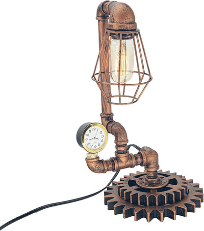 Vintage Copper Steampunk Pipe Table Lamp with Clock (Cage Shade Design) QTF-BT02