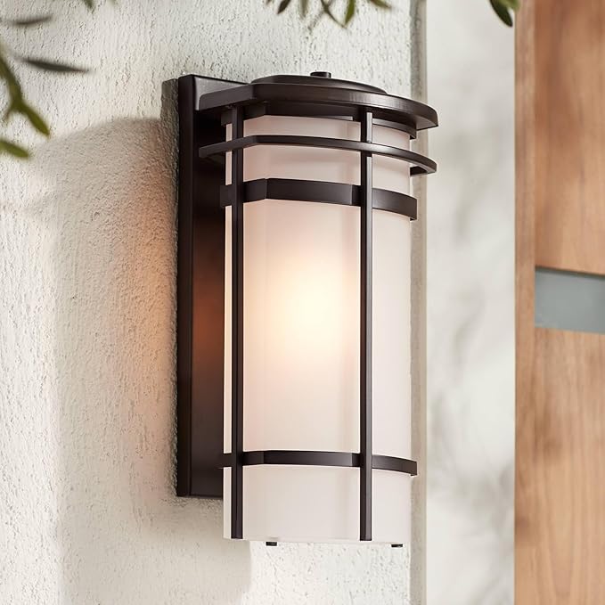 Possini Euro Design Theola Modern Outdoor Wall Light Fixture Bronze LED 16 1/4" Etched Glass Shade for Exterior Barn Deck House Porch Yard Patio Outside Garage Front Door Garden Home Roof Lawn