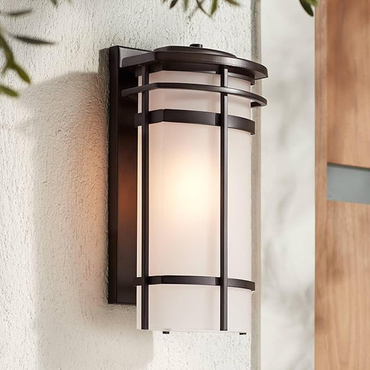 Possini Euro Design Theola Modern Outdoor Wall Light Fixture Bronze LED 16 1/4" Etched Glass Shade for Exterior Barn Deck House Porch Yard Patio Outside Garage Front Door Garden Home Roof Lawn