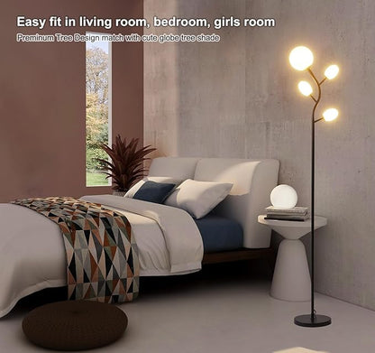 Fiqevs 4 Globe Floor Lamp with 2700K Warm Light LED Bulbs Included, Mid Century Modern Tree Standing Lamp with Frosted Glass Shade, Arc Torch Tall Lamp for Living Room, Bedroom, Office, Matt Black