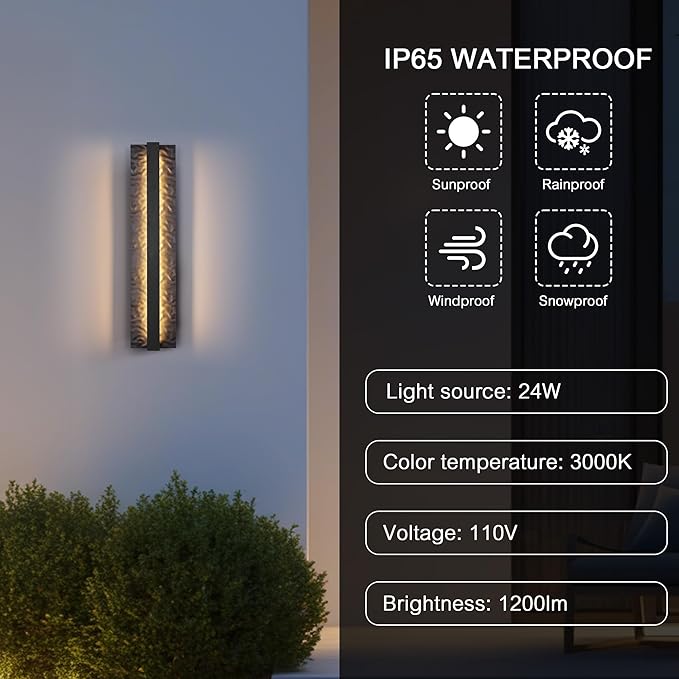 LamQee 18.5" Long Outdoor Modern LED Wall Light 3000K 1200LM, Hammered Wrought Iron and Aluminum, Linear Exterior Lighting Fixtures Wall Mount Waterproof Outside Sconce for House Porch Patio Garage