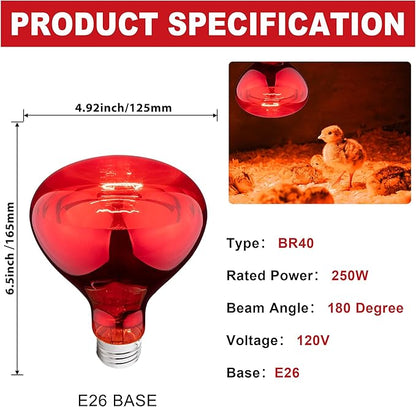 4 Pack 250W Heat Lamp Bulbs for Chicks, R40 Red Heat Lamp for Chickens, Infrared Heating Bulbs for Brooder Heater, I Incandescent Heat Bulb for Pet, Bathroom, Food