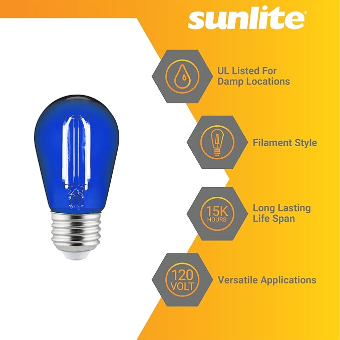 Sunlite LED S14 String Light Bulb, 2 Watts (25W Equivalent), Medium E26 Base, Party Decoration, Holiday Lighting, Transparent, Dimmable, UL Listed, Blue, 6 Count