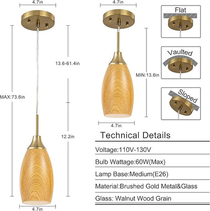 Mini Glass Pendant Light 4.72" Walnut Wood Grain Pendant Lights 3-Pack Handblown Art Oval Glass Hanging Pendant Light for Kitchen Island Dining Room Living Foyer Hallway Entry Brushed Gold
