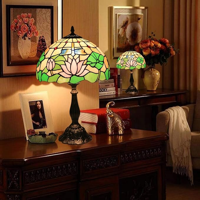 Tiffany Side Table Lamps for Living Room W/LED Bulb Lotus Flower Stained Glass Shade Bedside End Table Lamp 12X12X19Inch Desk Lamps for Home Office Classic Farmhouse Reading Table Lamps