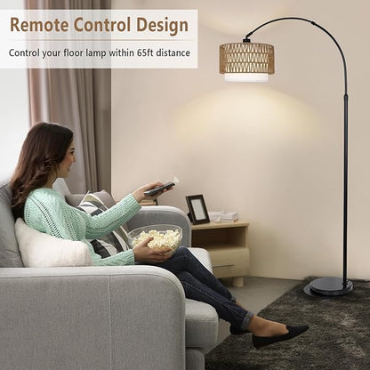 Arc Floor Lamp with Remote, Modern LED Floor Lamp with Dimmable Bulb, Boho Farmhouse Standing lamp with Fabric & Rattan Lampshades, Height Adjustable Black Tall Lamp for Living Room Bedroom