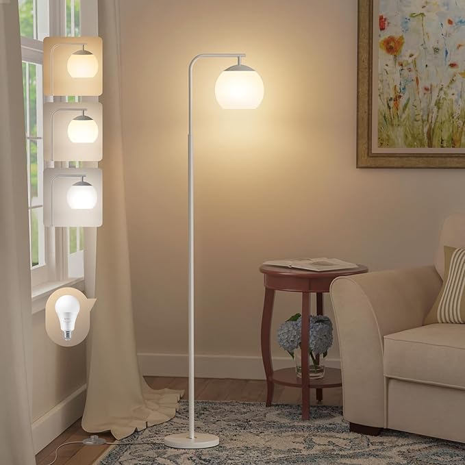 Modern Floor Lamps with Globe Shade, 3 Color Temperatures, Foot Switch, Mid Century Standing Lamp Tall for Bedroom, Living Room, Office, White