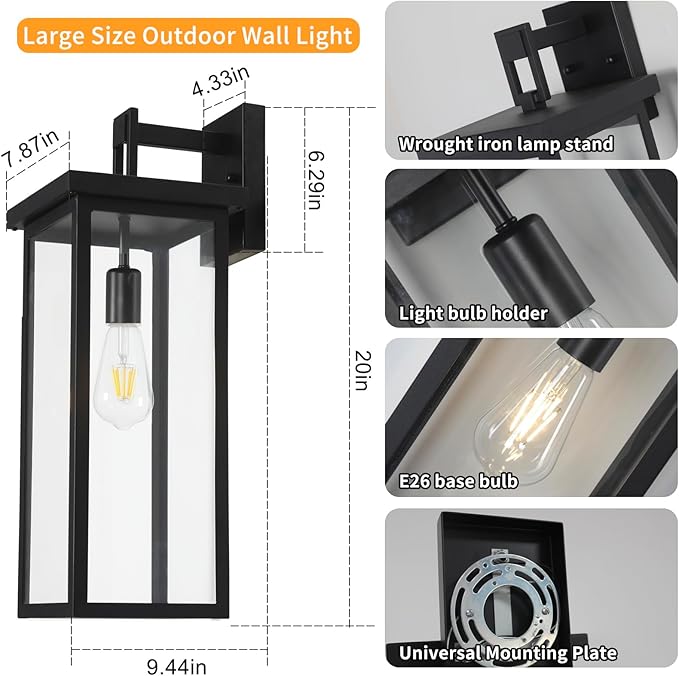 20" Large Exterior Lighting Fixtures Modern Wall Lantern,Outdoor Wall Lights with Clear Glass Shade,E26 Base Outdoor Lamps for Patio Porch,Waterproof Outside Exterior Lights for House 2 Pcs