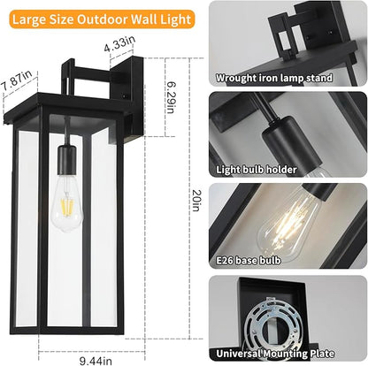 20" Large Exterior Lighting Fixtures Modern Wall Lantern,Outdoor Wall Lights with Clear Glass Shade,E26 Base Outdoor Lamps for Patio Porch,Waterproof Outside Exterior Lights for House 2 Pcs