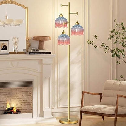 Gold Floor Lamp for Living Room,Bedroom,Mid Century Modern Standing Lamp Brass Tree 3 Light Tall Floor Lamps Vintage Retro Floor Lights Glass Flower Lamp Shade Farmhouse Boho Bohemian