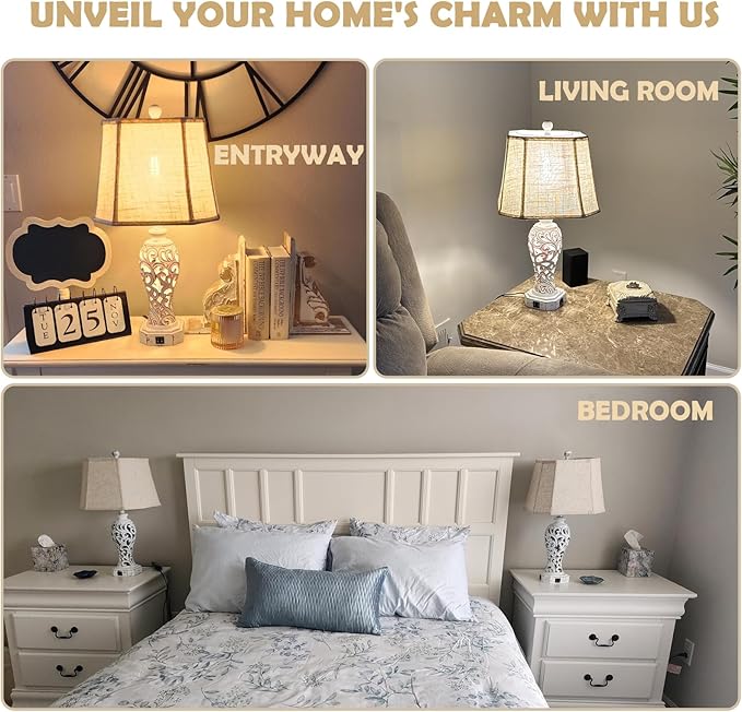 Set of 2 Rustic Table Lamps for Living Room Bedroom, Farmhouse Vintage Nightstand Lamp with 2 USB Ports, Hollow Out Resin Lamp for End Table with Nightlight, Bulbs Included (Wash White)