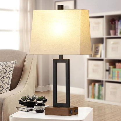 23.5" Table Lamps Set of 2, Modern Black Bedside Lamps with 2 USB Ports & AC Outlet, Contemporary Nightstand Lamps with Wood Base for Bedroom Living Room(LED Bulb Included)