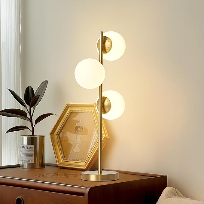 Mid-Century Modern 3 Globe Table Lamp with White Glass Shades - Gold LED Nightstand Light for Bedroom & Office