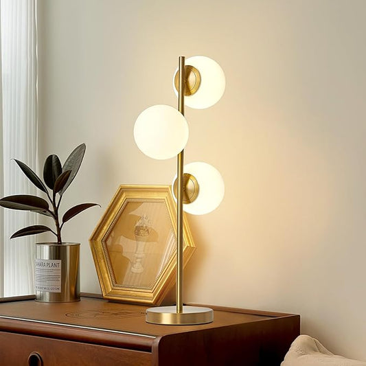 Mid-Century Modern 3 Globe Table Lamp with White Glass Shades - Gold LED Nightstand Light for Bedroom & Office