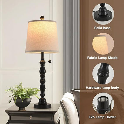 Terpsichore Lamps for Living Room Modern Farmhouse Table Lamp Bedside Reading Lamps Set of 2 Night Stands Bedroom Night Lamp,with Fabric Lamp Shade (Black, High 26.25 Inch)