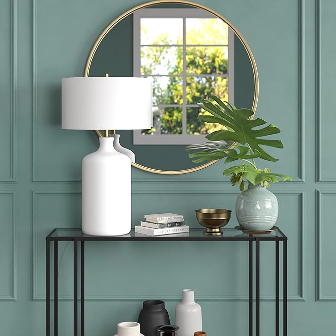 Henn&Hart 29'' Transitional 1-Light Table Lamp with White Fabric Drum Shade for Living Room, Bedroom, or Office, Matte White