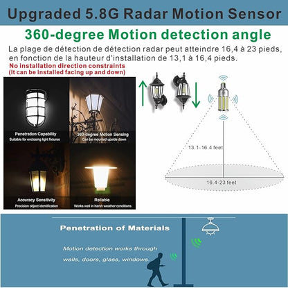Radar Motion Sensor LED Light Bulbs, 32W Daylight White 6000K 4000LM (300W Equivalent) Auto Motion Detector Activated Dusk to Dawn Light for Stairway, Hallway, Porch, Garage, Driveway, Patio, 2 Pack