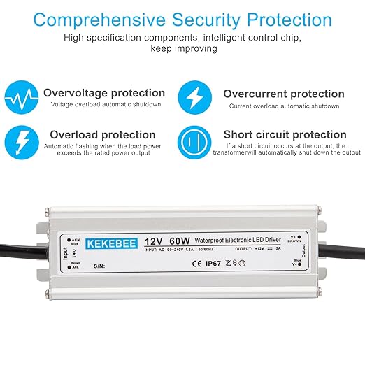 LED Driver 12V 60W Waterproof Transformer AC 90-240V to DC 12V 5A Low Voltage Switching Power Supply IP67 Converter Suitable for Indoor and Outdoor LED Strip Lights and 12V DC Devices