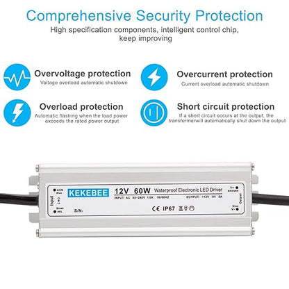 LED Driver 12V 60W Waterproof Transformer AC 90-240V to DC 12V 5A Low Voltage Switching Power Supply IP67 Converter Suitable for Indoor and Outdoor LED Strip Lights and 12V DC Devices