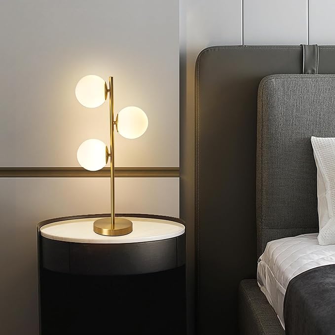 Mid-Century Modern 3 Globe Table Lamp with White Glass Shades - Gold LED Nightstand Light for Bedroom & Office