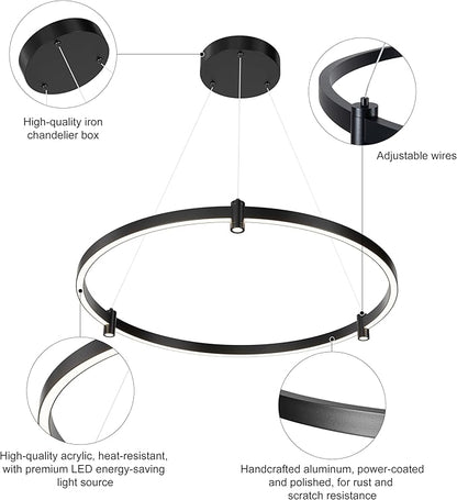 LED Black Chandeliers Modern Pendant Light, 40W Dimmable,1 Rings Dimmable Chandelier Lighting Fixture for Living Room Bedroom Kitchen Island Resturant Dining Room 3000K-6000K