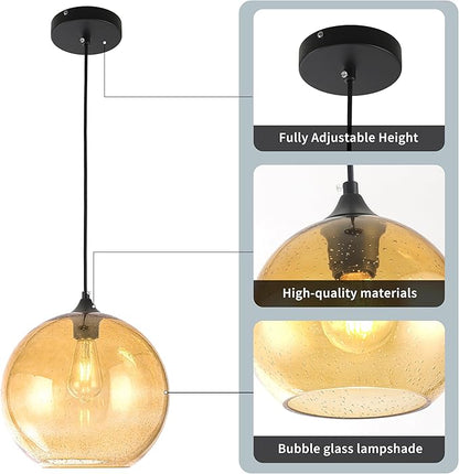 Amber Glass Pendant Ceiling Light Fixture Mid Century Modern Globe Hand Blown Glass Pendant Light Ceiling Hanging Light fixtures for Kitchen Island Dining Room Light Fixture,11.8inch