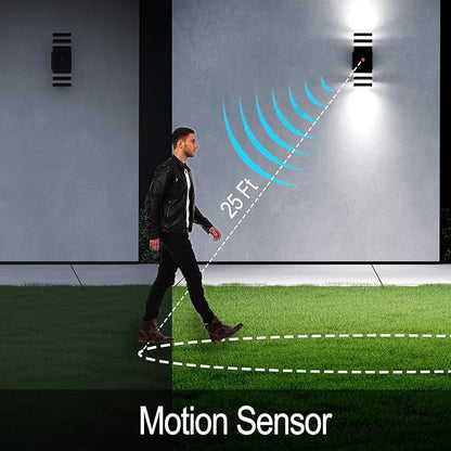 Motion Sensor Outdoor Wall Lights, Cold Light with PIR Body Sensor, Black Aluminum Up & Down Porch Sconce, GU10 LED Bulbs Included, ETL Listed, Dusk to Dawn Garage & Garden Lighting Fixture
