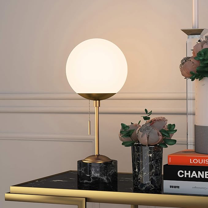 Reagan 17.75" Tall Table Lamp with Glass Shade in Brass/ Black Marble/White Milk