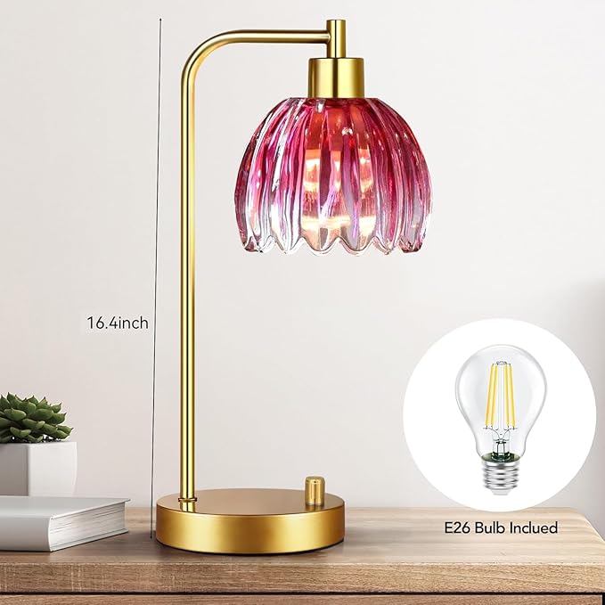 Pink Table Lamp Set of 2,Small Gold Bedside Lamps Dimmable Boho Bedroom Lamp with Flower Glass Lamp Shade,Vintage Mid Century Modern Mini Nightstand Lamp for Girls Kids Bedroom Living Room