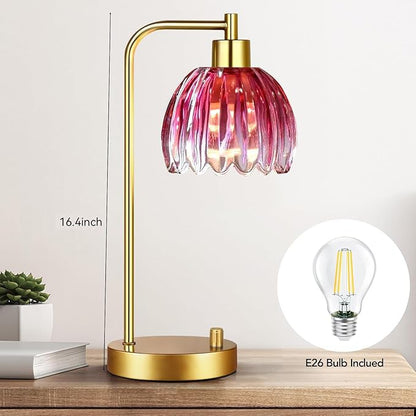 Pink Table Lamp Set of 2,Small Gold Bedside Lamps Dimmable Boho Bedroom Lamp with Flower Glass Lamp Shade,Vintage Mid Century Modern Mini Nightstand Lamp for Girls Kids Bedroom Living Room