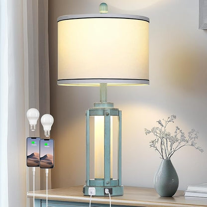 Industrial Farmhouse Table Lamp, 26" Vintage Rustic Beside Lamp with USB A+C Charging Ports & AC Outlet, Nightstand Metal Lamp with LED Night Light & Fabric Shade for Living Room Bedrooms Blue