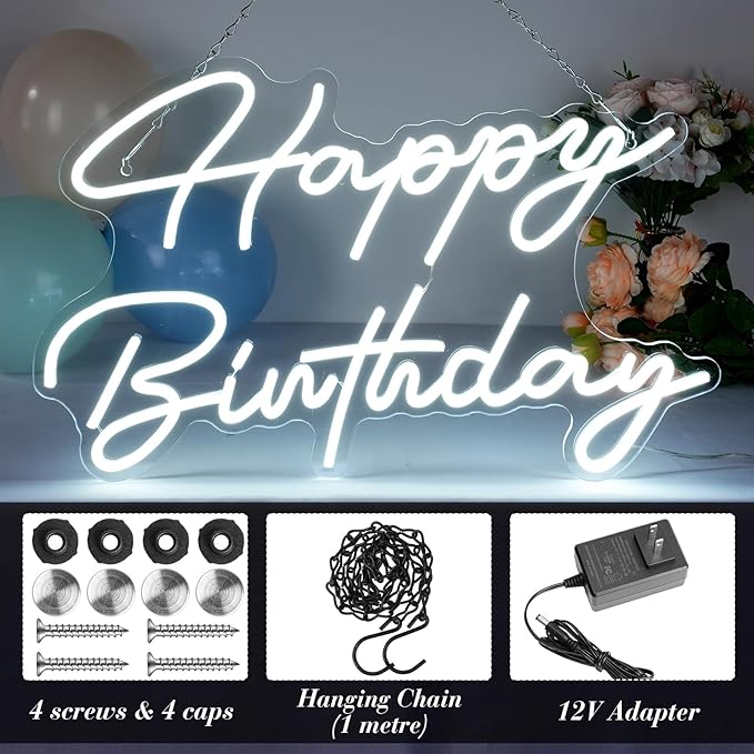 30" x 21" Happy Birthday Neon Sign Large Happy Birthday LED Neon Light Signs with Dimmable Switch 12V Power Adapter for Party Wall Decoration Bar Rave Home Decor Backdrop(Cold White,30" x 21")