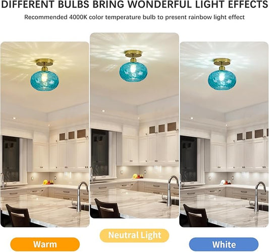 Blue Glass Semi Flush Mount Ceiling Light - 2 Pack,7.9 Inch Hammered Glass Small Hallway Light fixtures, Vintage Gold Art Deco Flush Mount Ceiling Light for entryway Foyer Laundry Room Kitchen