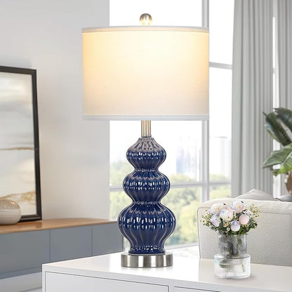 26" Blue Table Lamp Set of 2 with Rotary Control, Ceramic Table Lamps Classic Beside Lamps Nightstand Lamp Modern Table Lamp for Living Room,LED Bulbs Included