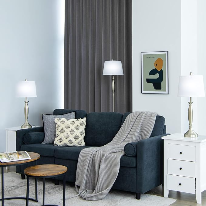 Tangkula 3-Piece Modern Lamp Set, 2 Table Lamps & 1 Floor Lamp with Weighted Base and Eye-Protecting Lamp Shade, Perfect for Bedroom & Living Room, 3 x E26 Bulbs Required (Nickel)