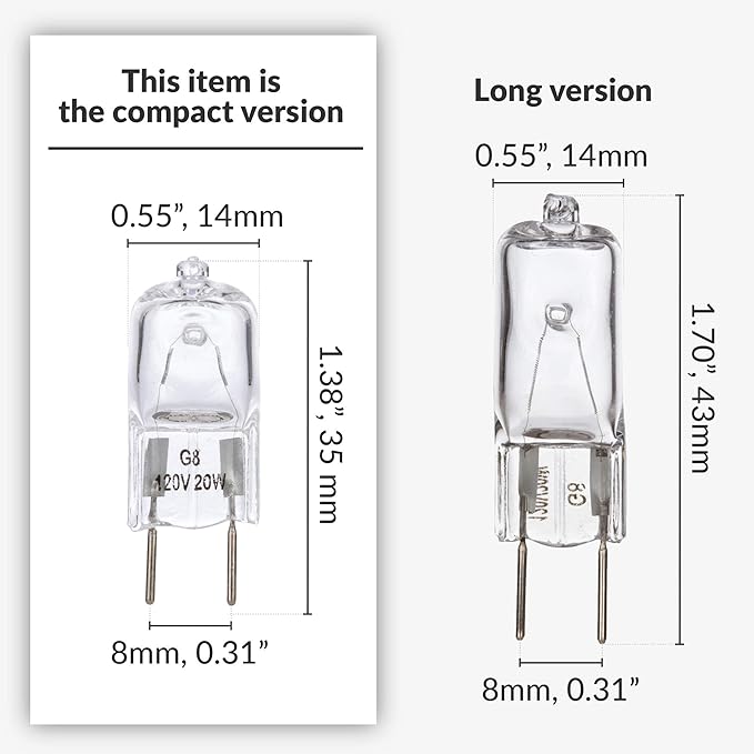 Simba Lighting Halogen Light Bulb G8 T4 20W JCD Bi-Pin (10 Pack) Shorter 1-3/8" (1.38") Length for Under Cabinet Puck Lights, Kitchen Hood, Landscape Lights, Desk Lamps 120V Dimmable, 2700K Warm White