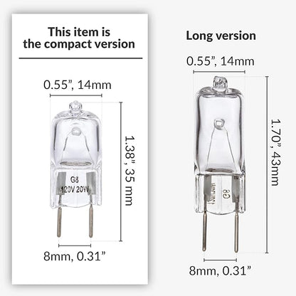 Simba Lighting Halogen Light Bulb G8 T4 20W JCD Bi-Pin (10 Pack) Shorter 1-3/8" (1.38") Length for Under Cabinet Puck Lights, Kitchen Hood, Landscape Lights, Desk Lamps 120V Dimmable, 2700K Warm White