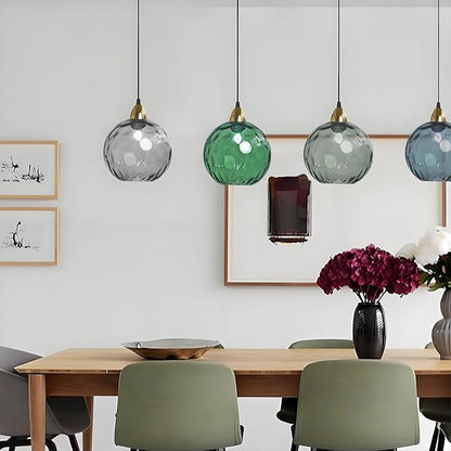 15cm/5.9’’ Industrial Vintage Spherical Glass Pendant Light, E26 Ceiling Hanging Lamp, Gold Finish & Ripple Glass Globe Shade, Dining Room Bedroom Chandelier (Green)