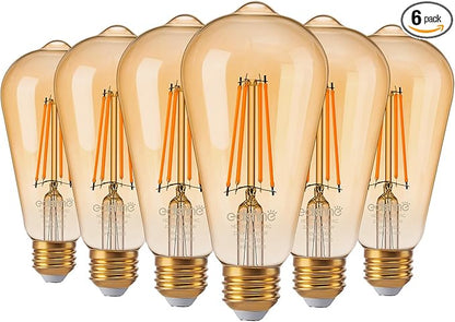 EDISHINE 6 Pack Vintage LED Edison Bulbs 8W Equivalent 60W, ST64 Dimmable Led Light Bulbs, 700LM 2200K Amber Warm Light E26, Decorative Antique LED Filament Bulbs for Home and Commercial, UL Listed