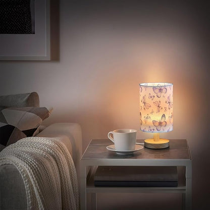 Bedside Lamp Purple Butterflies Table Lamp for Bedroom LED Nightstand Lamp Shade USB Ports Wood Base for Living Room Dorm Office