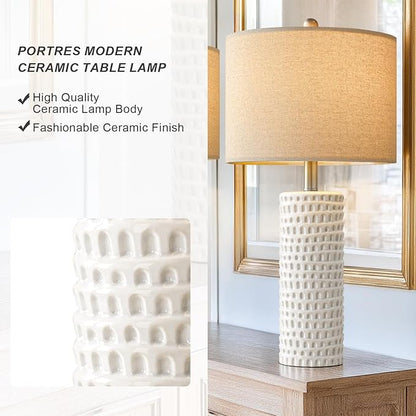 PORTRES 24" Farmhouse Ceramic Table Lamp Set of 2 for Bedroom Living Room White Desk Decor Bedside Lamps for Study Room Office Dorm Modern Accent Nightstand Lamp End Table Lamps